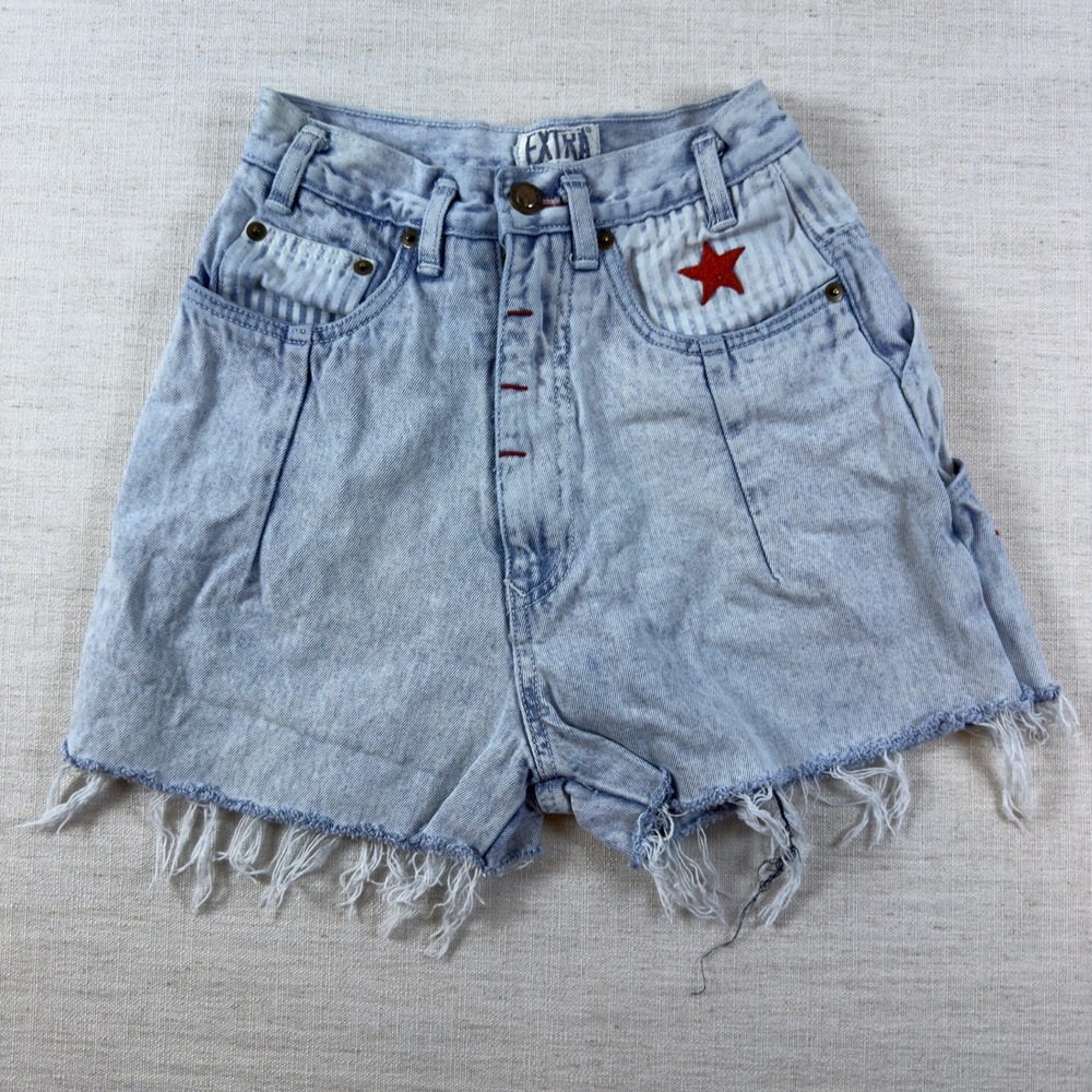 Vintage Extra Denim Shorts Acid Wash Star Patch Striped High Waist Cut Offs 5
